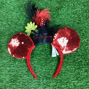 Disney Parks Red Sequin Velvet Feather Hat Minnie Mouse Ears Headband Flower